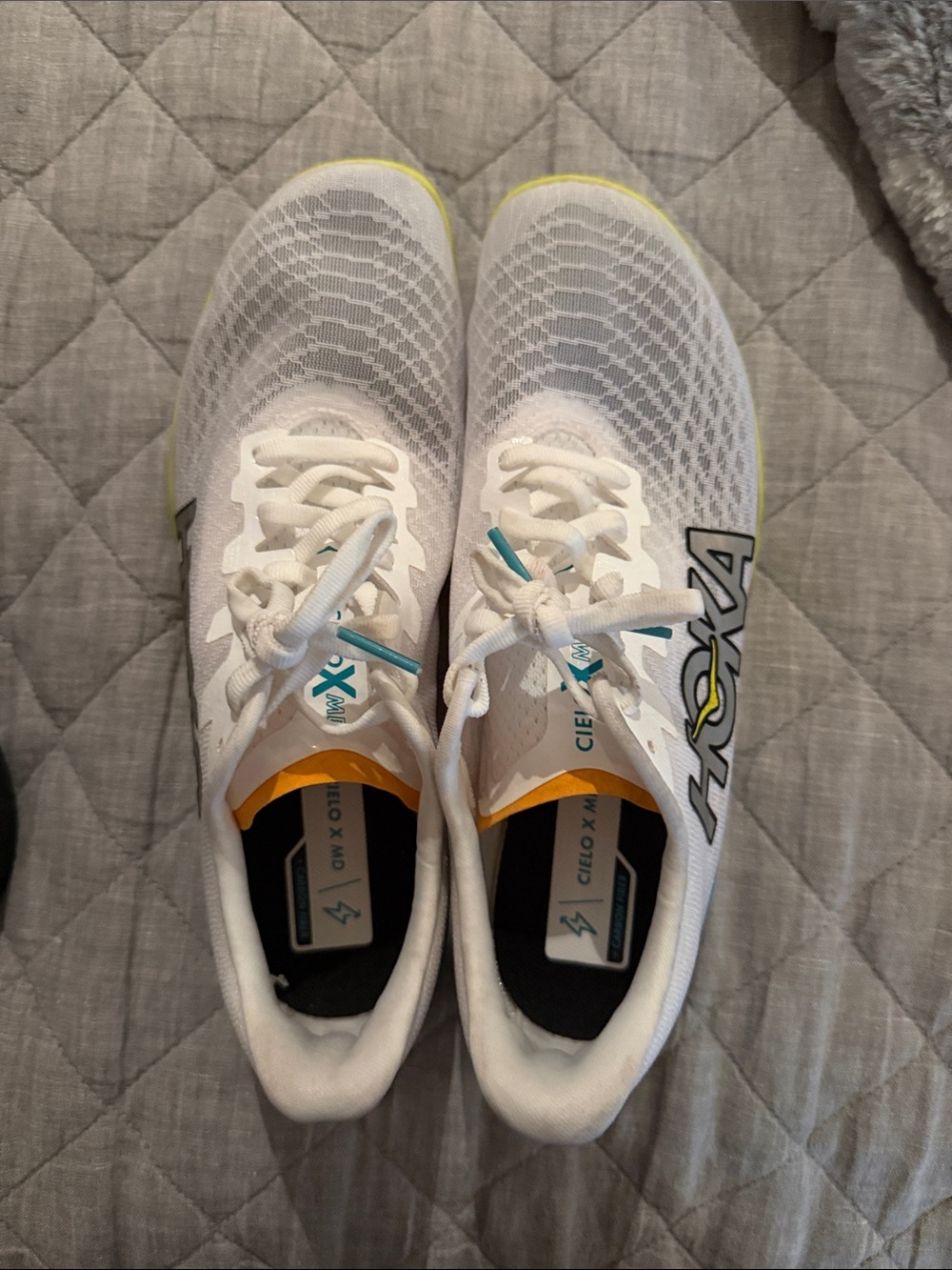 Hoka White Running Spikes with Teal & Yellow Accents
